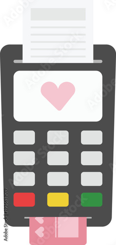 Vector illustration features a point-of-sale (POS) or EDC terminal with a pink heart displayed on the screen and a matching pink credit card inserted. 