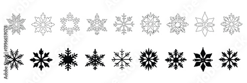 Collection. Set of black snowflake vector graphics featuring both solid and outline designs, representing winter, cold, and festive season, Vector illustration.