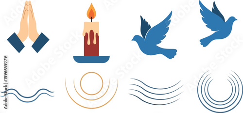 Candle flame illustration sits next to stylized blue birds and geometric wave patterns.