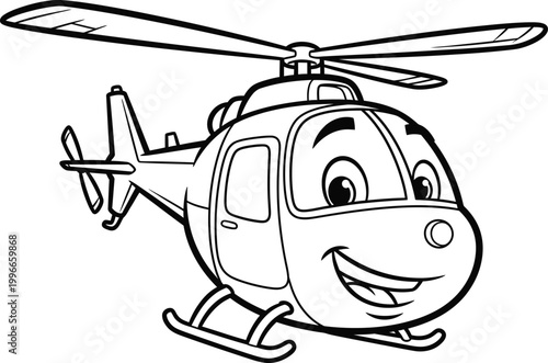 Cartoon helicopter with a smiling face a whimsical black and white illustration