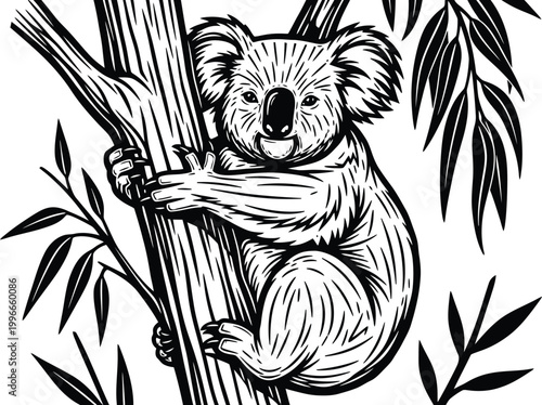 Charming koala clinging to a tree branch in a vintage engraving style