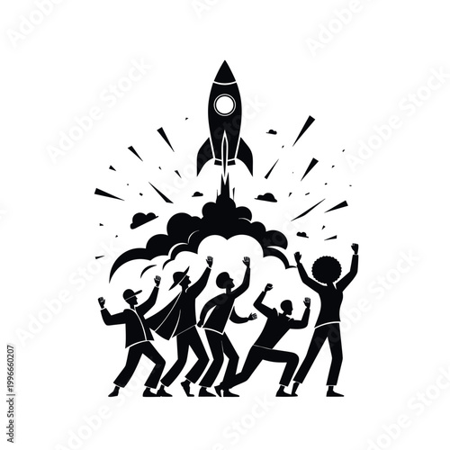 Startup Rocket Launch Team Success Silhouette Illustration