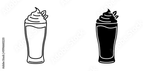Milkshake and smoothie icons set isolated on white background, outline and filled styles, creamy beverage with whipped cream and mint, refreshing drink vector illustration.