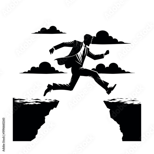 Businessman Jumping Across Gap Risk Silhouette Illustration