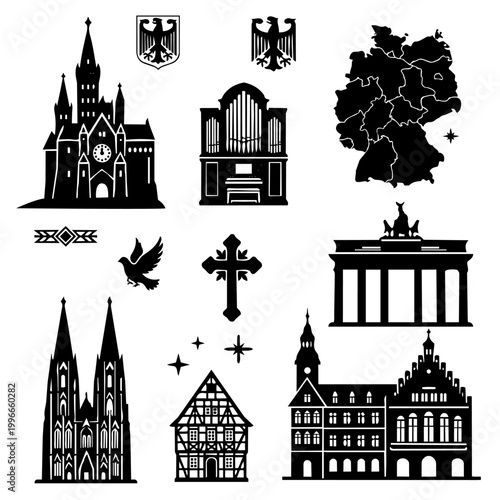  Hand Drawn German Landmark Silhouette Buildings Set.Vector Illustration