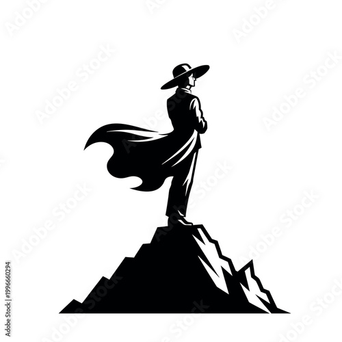 Business Leader Standing On Mountain Peak Silhouette Illustration