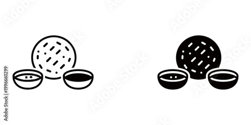 Rice ball and dipping sauce icons set isolated on white background, outline and filled styles, japanese onigiri and soy sauce, traditional asian food vector illustration.