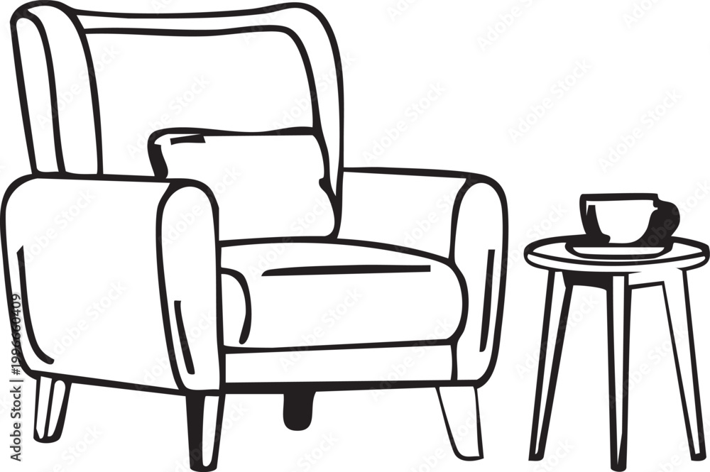 Fototapeta premium Cozy armchair and side table sketch a relaxing interior scene in black and white