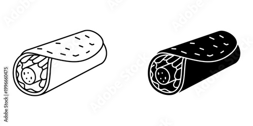 Shawarma wrap and kebab roll vector icon set featuring line art and silhouette versions for middle eastern fast food menu restaurant signage food delivery app interface and culinary blog graphics.