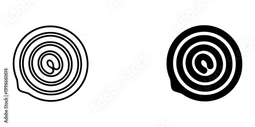 Rolled flatbread or omelet with abstract spiral pattern inside black and white vector line and glyph icons.