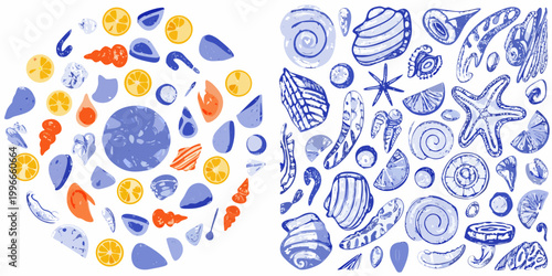 seafood and shellfish collection in blue tones
