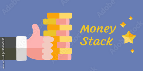 hand holding money stack with stars on blue background