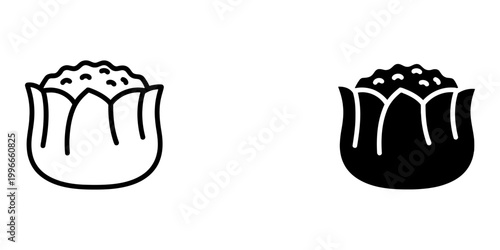 Flower shaped dim sum siu mai simple line art and solid fill icons set on white background vector illustration.
