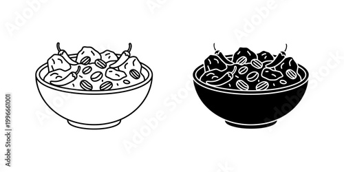 Chili con carne bowl icon set in outline and black glyph style vector illustration showing spicy mexican beef stew with beans and peppers isolated on white background for restaurant menu graphics.
