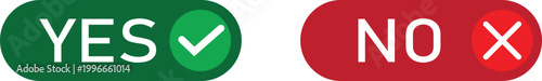 Yes and No buttons set with checkmark and cross icons, green approval and red rejection UI elements, modern toggle confirmation design, decision symbols isolated on white background
