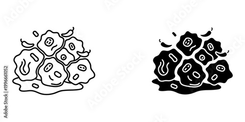 General tso chicken or orange beef chunks icon set in thin line and solid black glyph style vector illustration showing spicy meat pieces with peppers isolated on white background for asian menu.