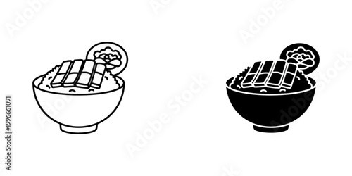 Unagi don japanese eel rice bowl icon vector set featuring grilled eel over steamed rice with side of ginger in linear and solid styles for restaurant menu design web illustration food app graphics.