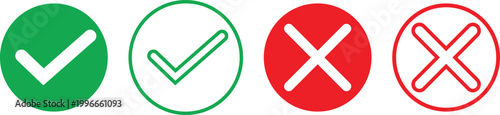Green check mark and red cross icons set for approval and rejection symbols in user interface design. Modern flat vector collection with circle variations for yes no validation feedback and decision 