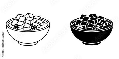Braised pork belly icon vector set featuring cubes of meat in sauce with star anise garnish in linear and solid styles for hong shao rou chinese cuisine menu design and food app digital graphics.