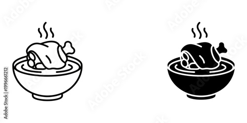 Pork knuckle soup icon vector set featuring braised ham hock in broth bowl with steam wisps in linear and solid styles for traditional chinese restaurant menu design and food app digital graphics.