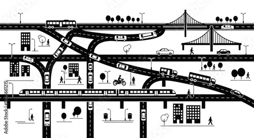 Busy urban transportation network with cars buses and trains.