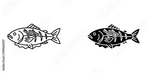 Stylized fish skeleton icon black and white outline simple representation of seafood remnants for culinary and food related concepts vector illustration.