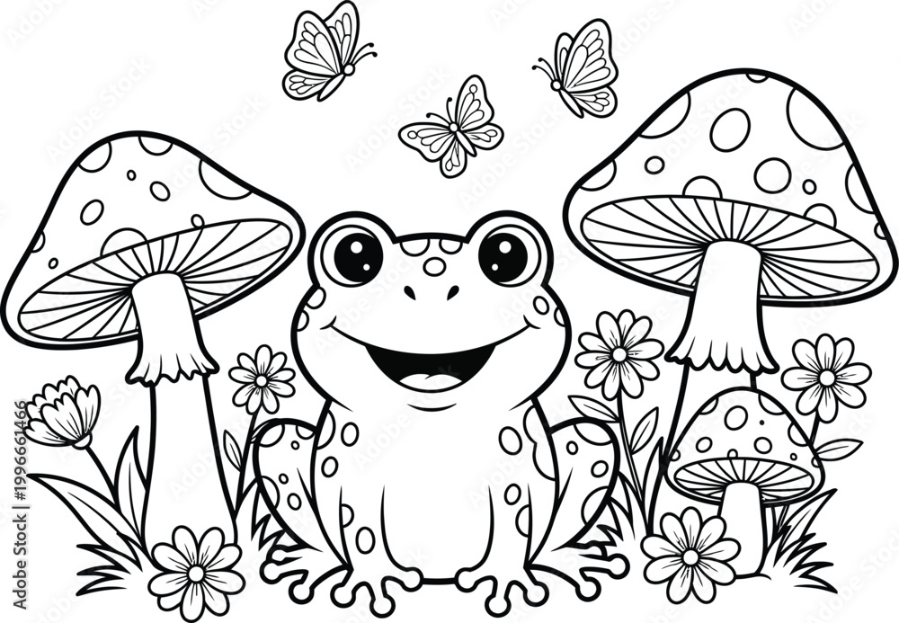 Obraz premium Charming black and white illustration of a frog among mushrooms and butterflies