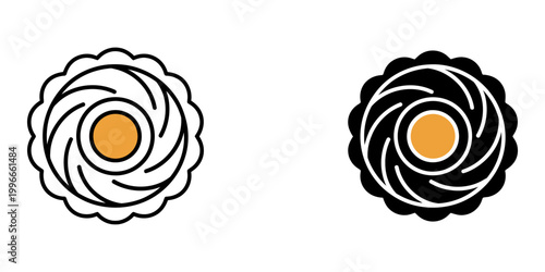Mooncake icon collection in outline and silhouette styles with orange yolk center element for mid autumn festival celebration and traditional chinese bakery product branding on white background.