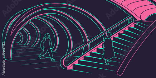 Canvastavla a futuristic neon lit staircase leading to a tunnel Vector