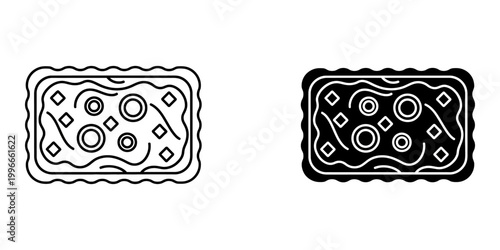 Square pizza icon set with outline and glyph style featuring thick crust with pepperoni olives and melted cheese for food menu design web applications and culinary business branding illustrations.