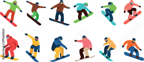 Snowboarding people collection with winter sport athletes performing tricks and jumps for extreme sports, outdoor activity, and recreation design