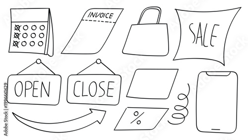 E-commerce Shop Doodle Elements Line Art.Vector Illustration