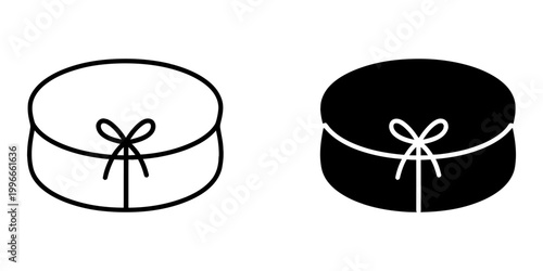 Nian gao sticky rice cake icons in outline and black fill versions representing traditional chinese lunar new year prosperity food with bow ribbon decoration for spring festival greeting designs.