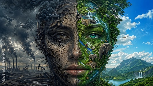 Surreal human face blended with cracked earth and lush green foliage overlooking stormy industrial valley