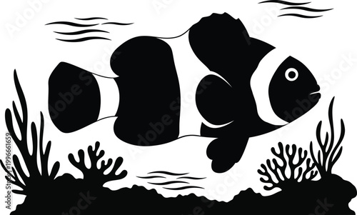 Black and white silhouette of a clownfish swimming amongst coral reefs