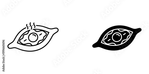 Khachapuri adjaruli icon set featuring traditional georgian boat shaped bread with egg and cheese in outline and black glyph style for culinary menus and middle eastern food culture illustrations.