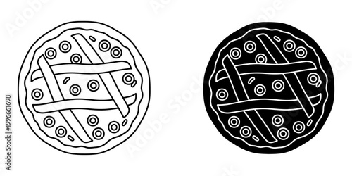 Round pizza vector icon featuring lattice dough pattern and olives for italian restaurant menu design and snack delivery service branding with outline and solid black glyph style illustrations.