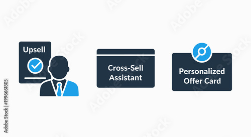 Professional business marketing icons for upselling strategies cross-sell assistant tools and personalized offer cards for customer relationship management with marketing business assistant