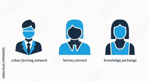 Vector character icons for social and environmental initiatives including urban farming network farmer context roles and knowledge exchange collaboration with community knowledge exchange education