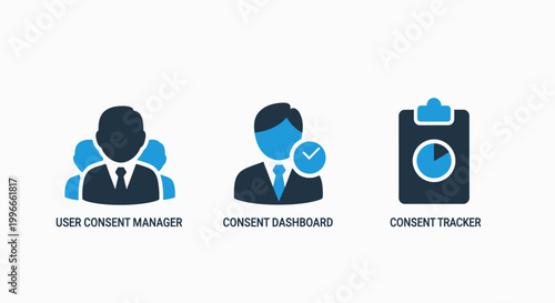 Business compliance and data privacy icons showcasing user consent manager dashboard interface and regulatory consent tracker with analytical reporting dashboard compliance business management