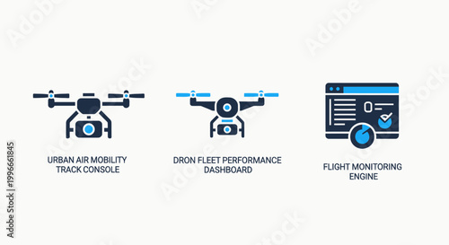 Modern technology icon collection featuring ground-based it trade drones resource deployment storage systems and AI orchestration engine software interfaces technology artificial intelligence