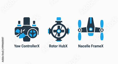 Wind turbine technical component icons including yaw controller rotor hub and nacelle frame diagrams for industry with technical component controller industry industrial engineering mechanical