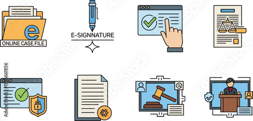 Legal icons display various electronic document management tasks including digital signatures and courtroom procedures.