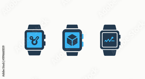 Three modern smartwatch icons featuring health monitoring logistics tracking and data analytics interface screens on white background smartwatch technology wearable logistics shipping analytics