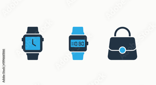 Flat vector icons of a classic analog watch digital wristwatch and a stylish handbag for fashion and retail concepts with wristwatch accessory collection timekeeper illustration isolated