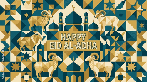 Happy Eid Al-Adha Greeting Card With Rams and Mosque Illustration
