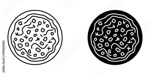 Minced meat pizza line icon set featuring traditional round italian pie with seasoned beef and herbal toppings for pizzerias and food delivery services graphic representation of classic flatbread.