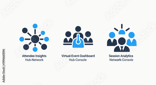 Digital event management and session analytics icons displaying attendee insights virtual dashboard and network performance data visualizations with analytics insights attendee dashboard business