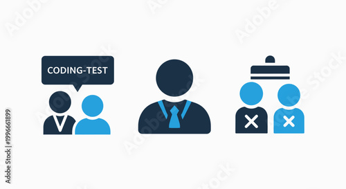 Professional recruitment and skill assessment icons featuring software coding test candidate evaluation and workplace management graphics recruitment interview assessment resources business