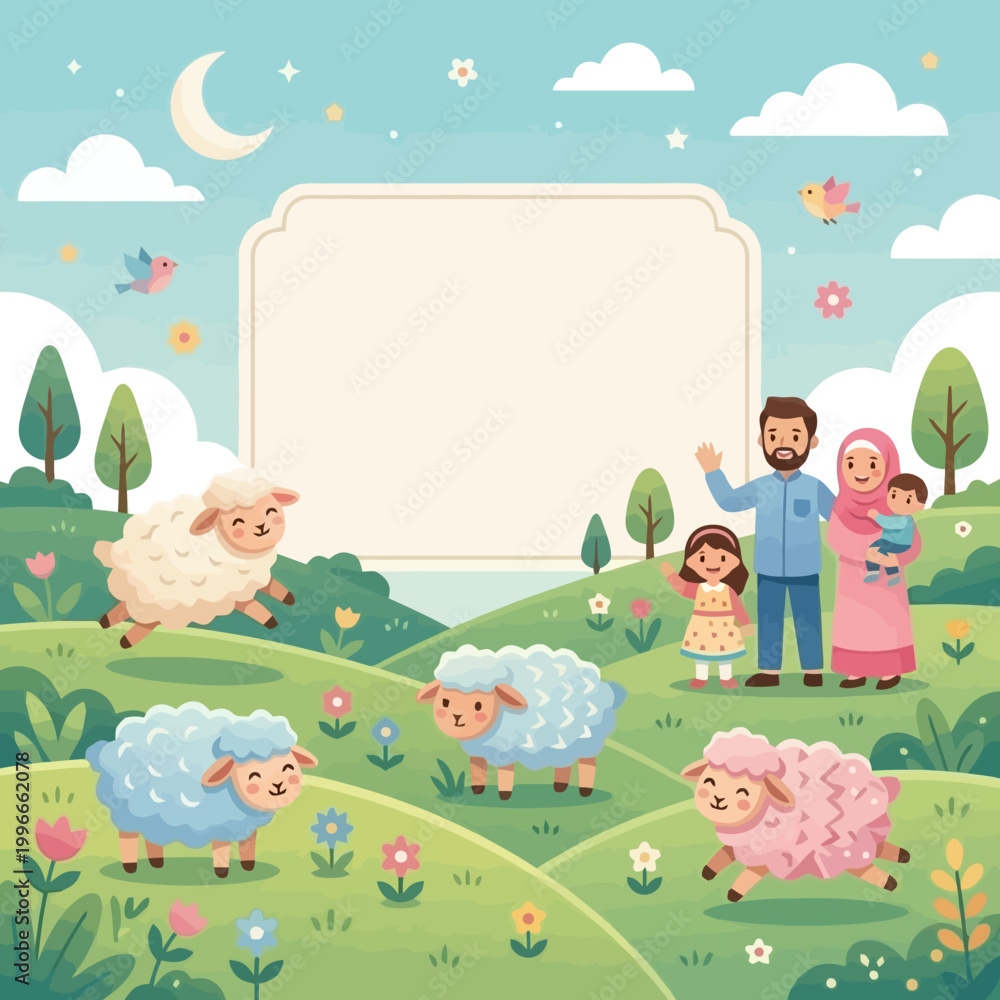 Fototapeta premium Happy Islamic Eid al-Adha celebration with sheep and family